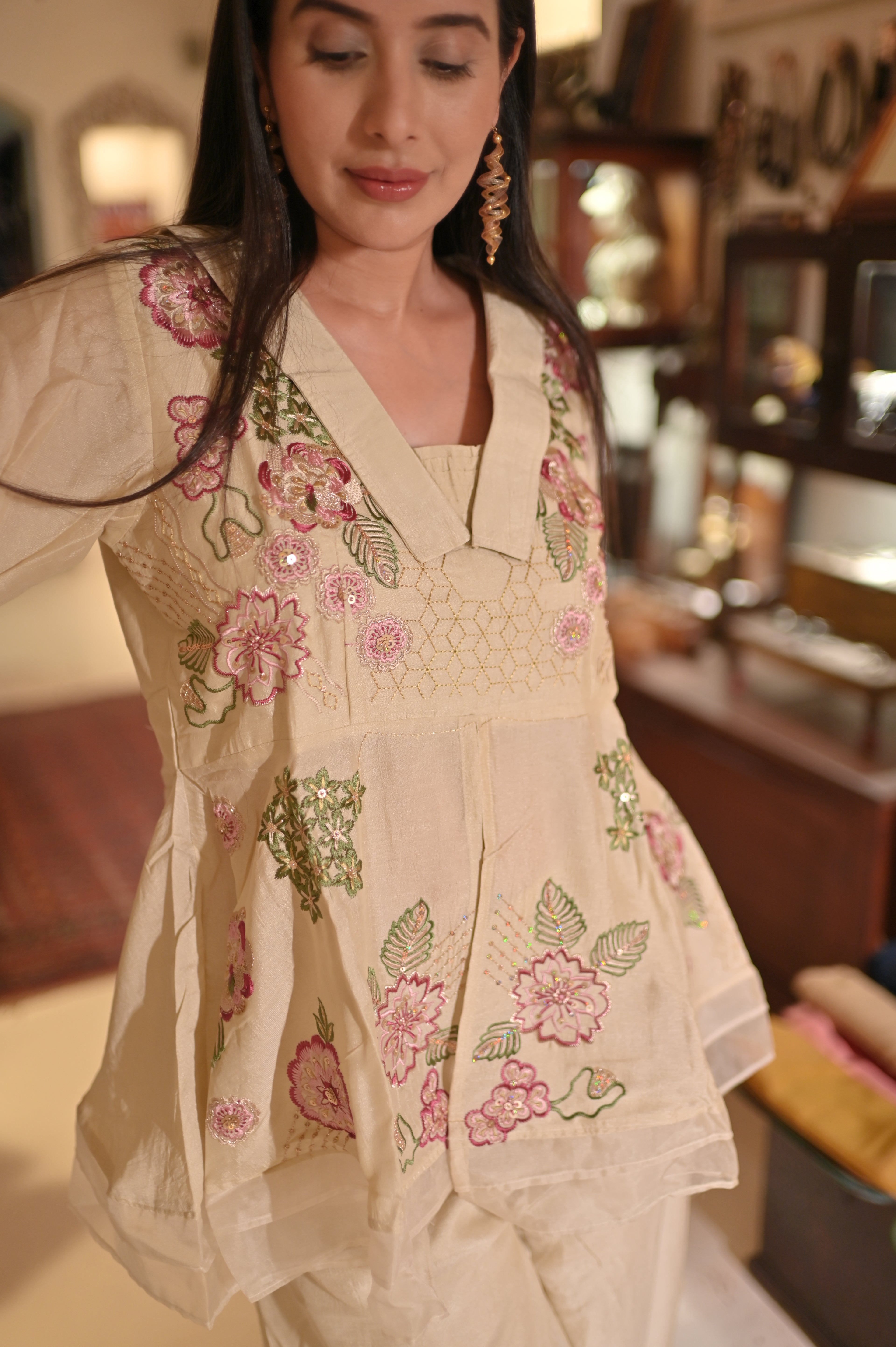 Beige Embroidered Peplum Top & Wide-Leg Palazzo Set for Women