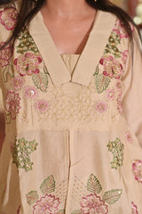 Beige Embroidered Peplum Top & Wide-Leg Palazzo Set for Women