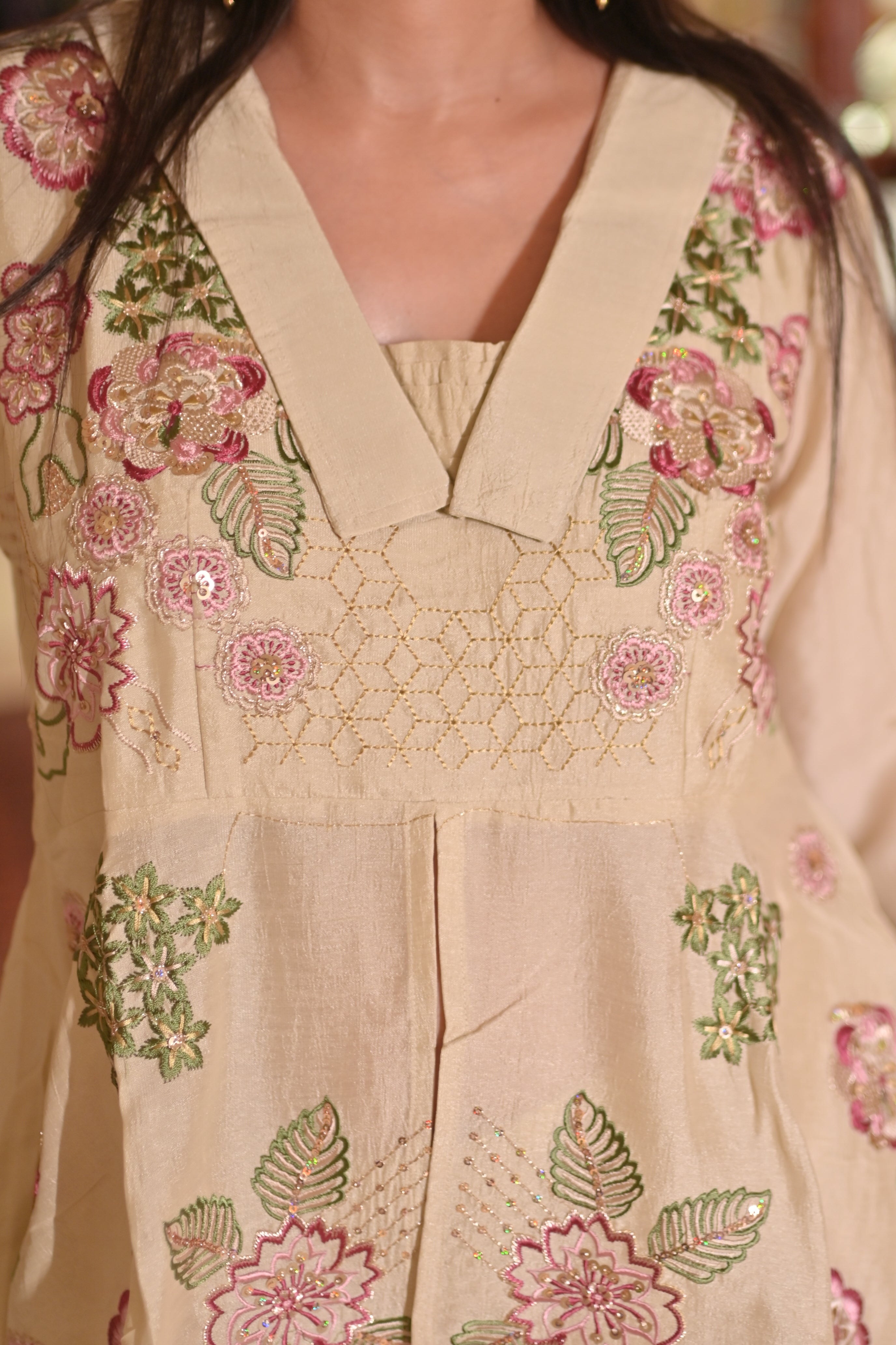 Beige Embroidered Peplum Top & Wide-Leg Palazzo Set for Women