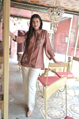 Mauve-Brown Embroidered Shirt & Trouser Co-Ord Set for Women
