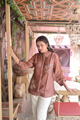 Mauve-Brown Embroidered Shirt & Trouser Co-Ord Set for Women