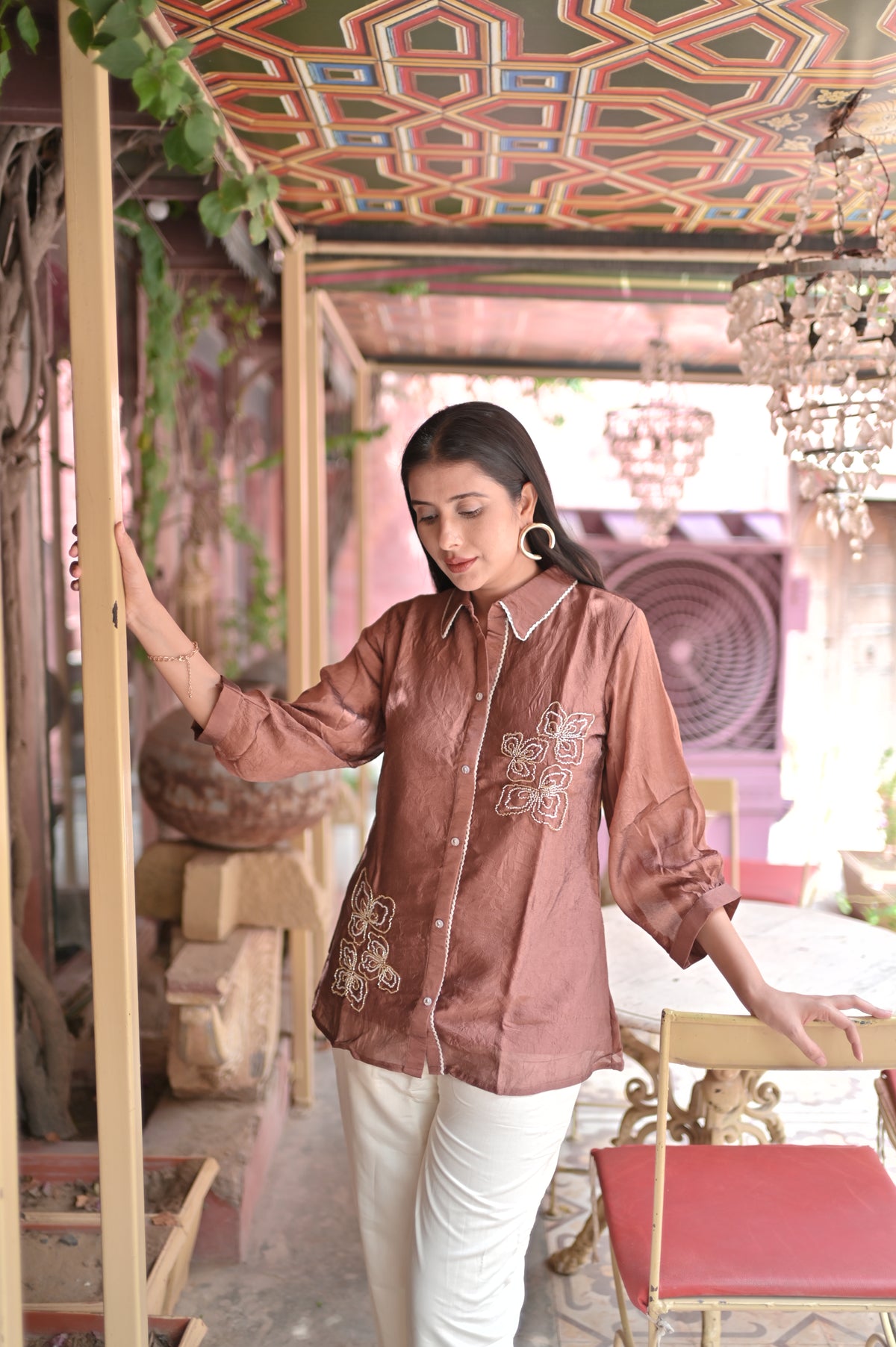 Mauve-Brown Embroidered Shirt & Trouser Co-Ord Set for Women
