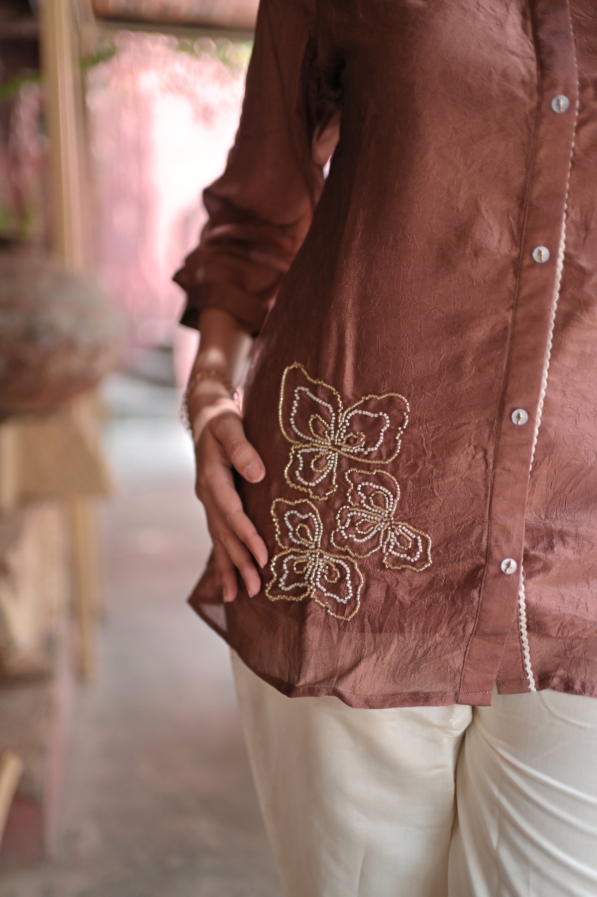 Mauve-Brown Embroidered Shirt & Trouser Co-Ord Set for Women