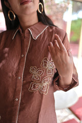 Mauve-Brown Embroidered Shirt & Trouser Co-Ord Set for Women