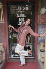 Mauve-Brown Embroidered Shirt & Trouser Co-Ord Set for Women