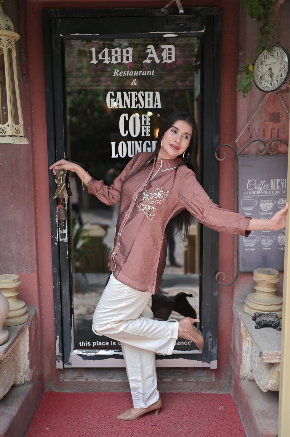 Mauve-Brown Embroidered Shirt & Trouser Co-Ord Set for Women