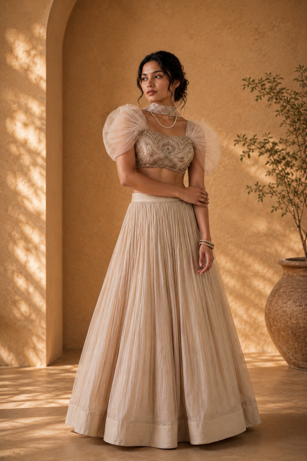 Champagne Grace Indo Western Lehenga Set — Tesla Chiffon with Thread Embroidery
