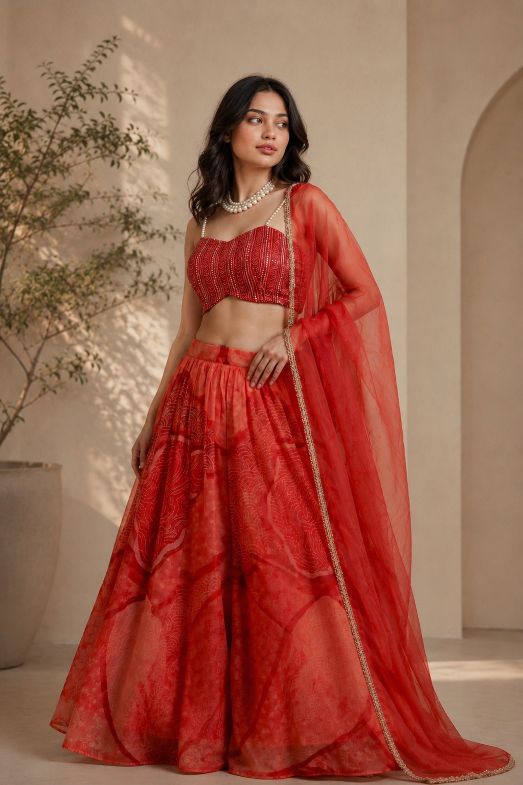 Scarlet Aura Digital Print Lehenga Set — Sequin Choli with Organza Dupatta