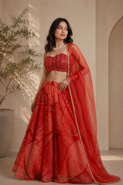 Scarlet Aura Digital Print Lehenga Set — Sequin Choli with Organza Dupatta