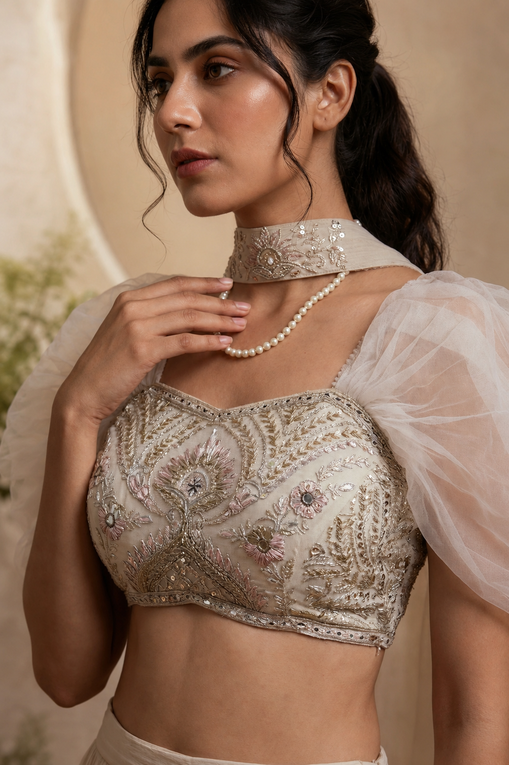 Champagne Grace Indo Western Lehenga Set — Tesla Chiffon with Thread Embroidery