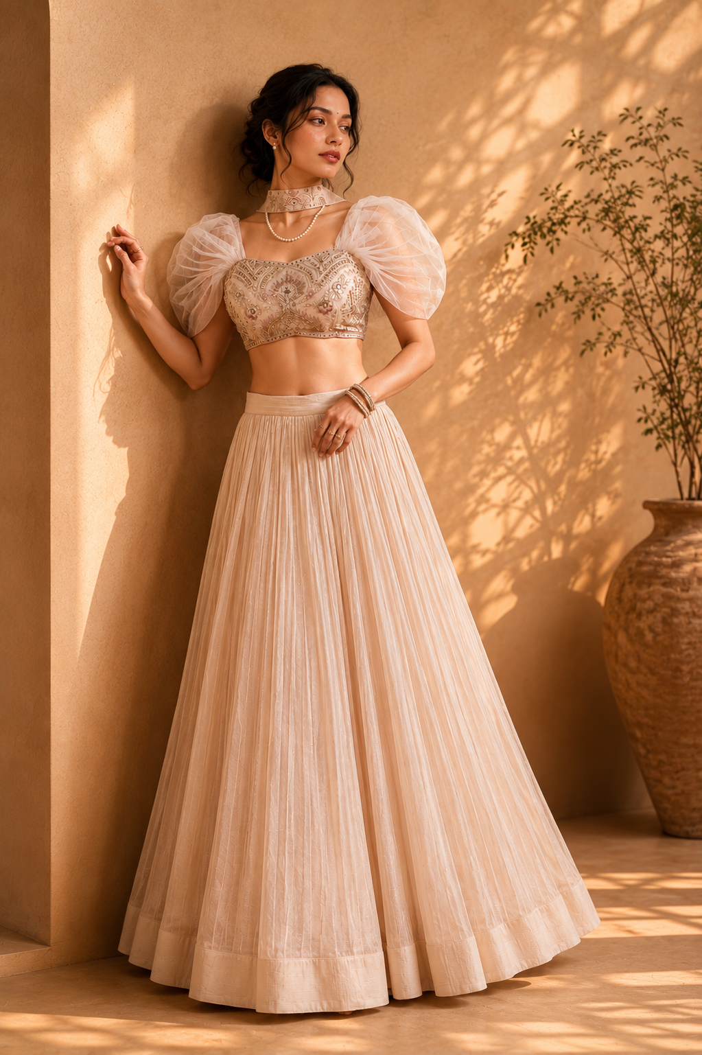 Champagne Grace Indo Western Lehenga Set — Tesla Chiffon with Thread Embroidery
