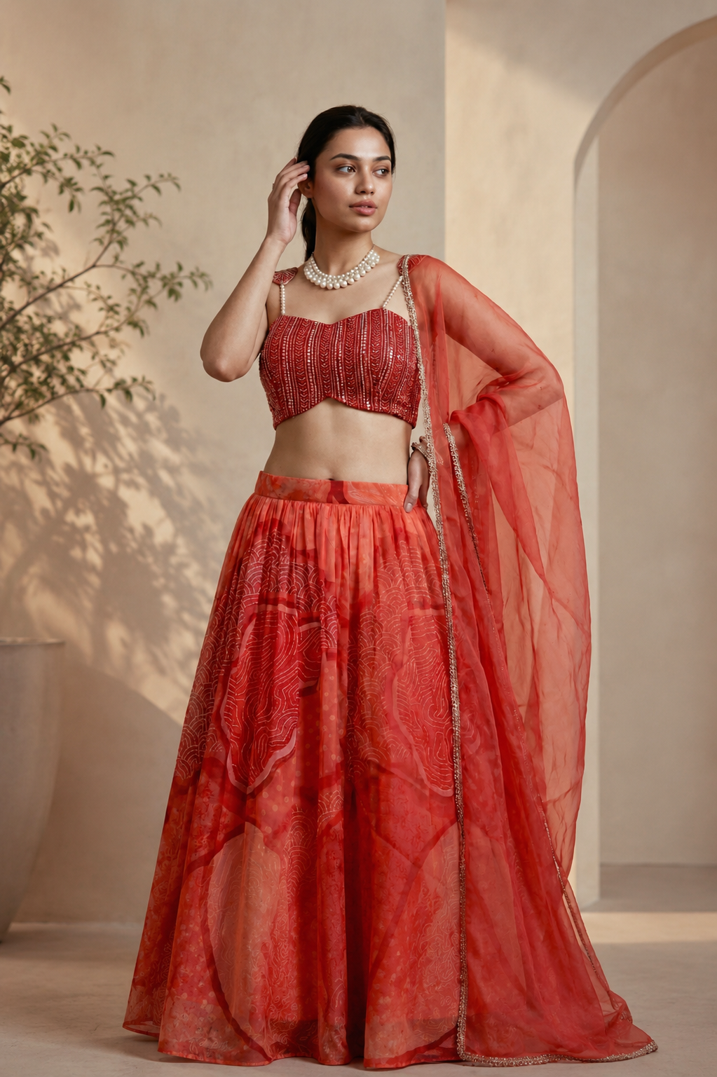 Scarlet Aura Digital Print Lehenga Set — Sequin Choli with Organza Dupatta