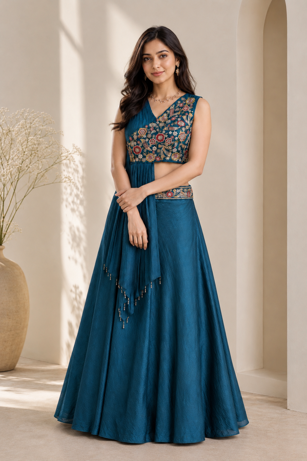 Peacock Charm One Shoulder Embroidered Lehenga Set
