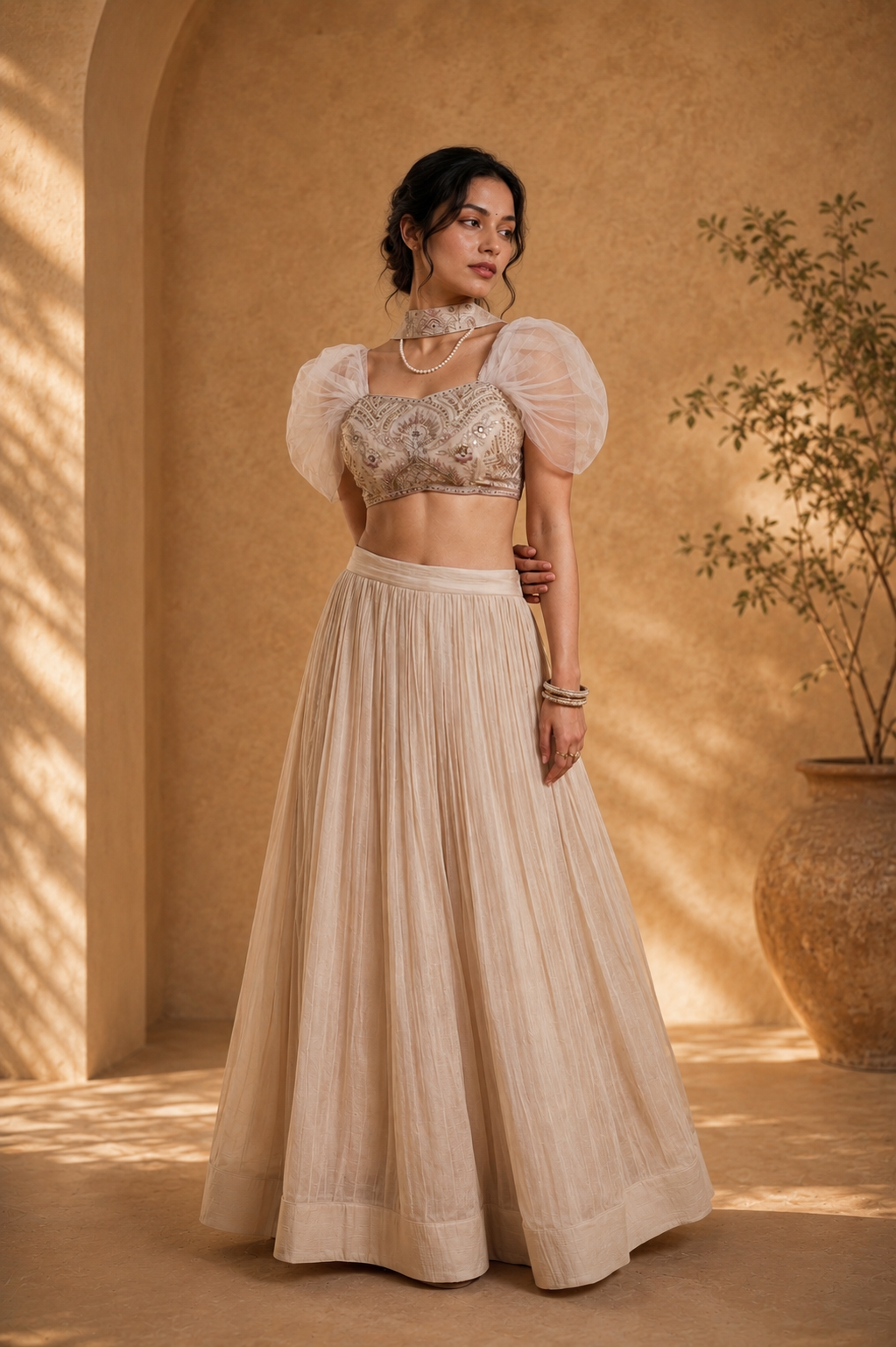 Champagne Grace Indo Western Lehenga Set — Tesla Chiffon with Thread Embroidery