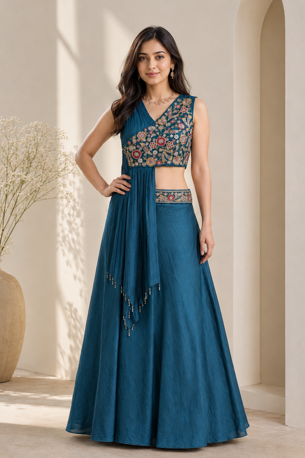 Peacock Charm One Shoulder Embroidered Lehenga Set
