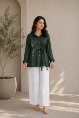 Emerald Green Premium Rasmalai Shirt-Style Co-Ord Set