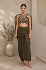 Olive Embellished Blouse & Draped Skirt Set for Women — Indo-Western Fusion