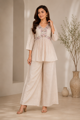 Beige Vichitra Zazu Silk Peplum Co-Ord Set