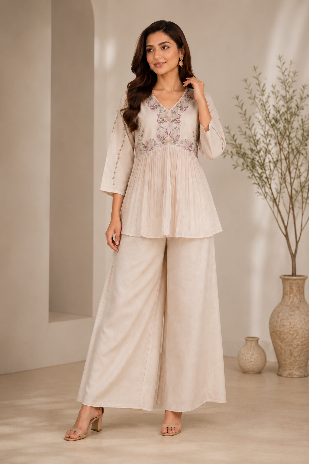 Beige Vichitra Zazu Silk Peplum Co-Ord Set