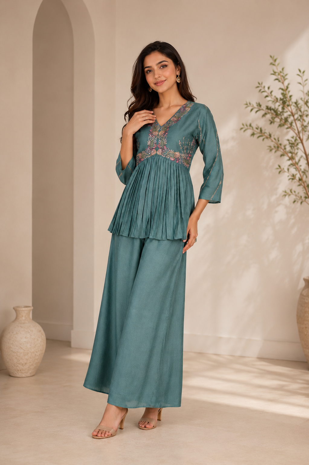 Teal Blue Peplum Top & Palazzo Set for Women — Vichitra Zazu Silk Co-Ord