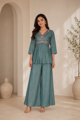 Teal Blue Peplum Top & Palazzo Set for Women — Vichitra Zazu Silk Co-Ord