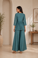 Teal Blue Peplum Top & Palazzo Set for Women — Vichitra Zazu Silk Co-Ord