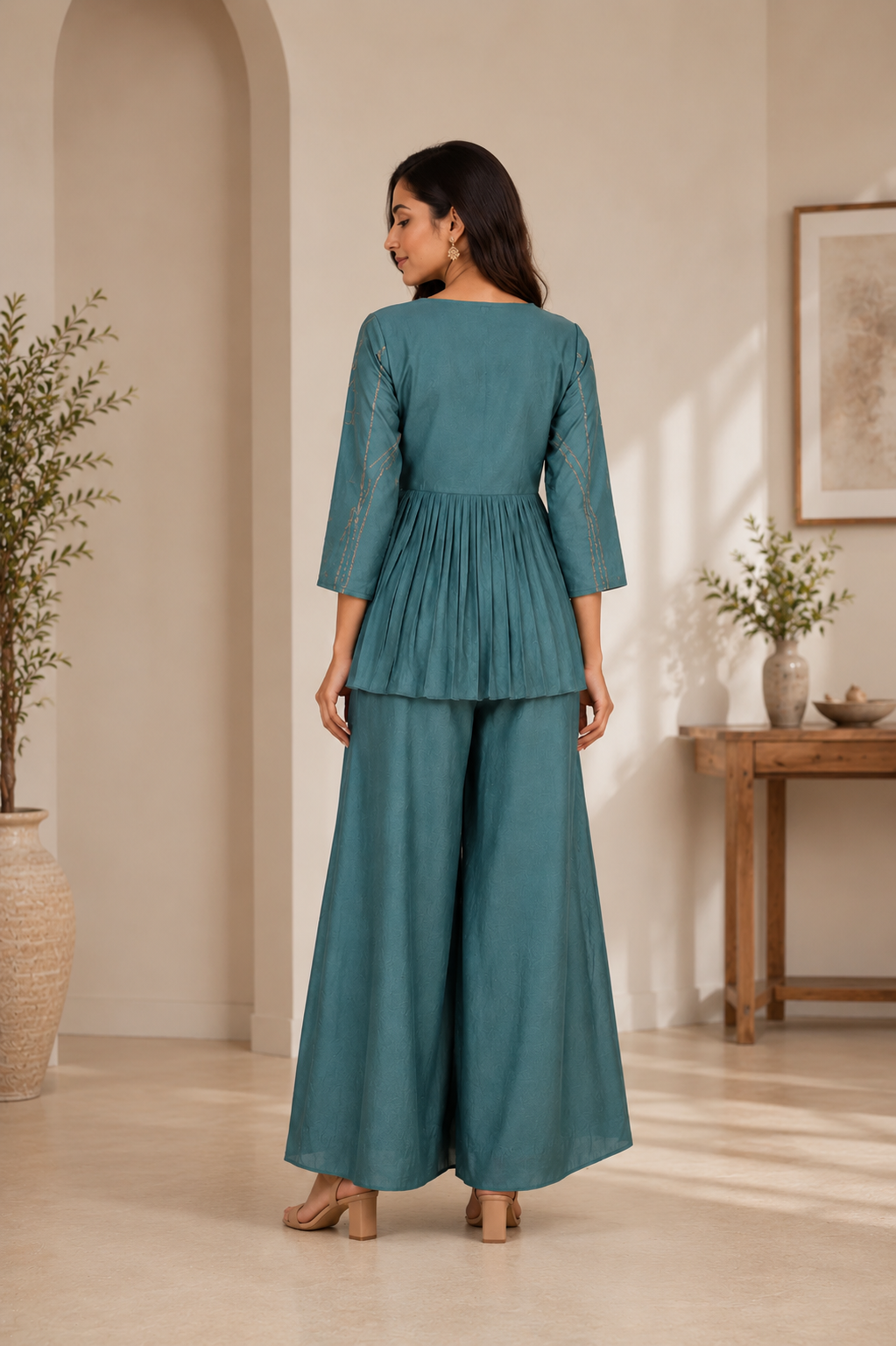 Teal Blue Peplum Top & Palazzo Set for Women — Vichitra Zazu Silk Co-Ord