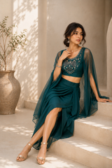 Teal Cape Sleeve Crop Top & Draped Skirt Co-Ord Set for Women