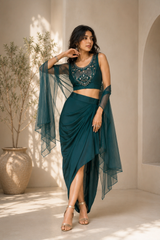 Teal Cape Sleeve Crop Top & Draped Skirt Co-Ord Set for Women