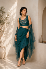 Teal Cape Sleeve Crop Top & Draped Skirt Co-Ord Set for Women