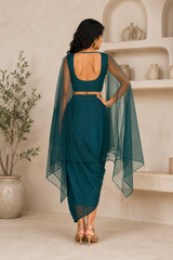 Teal Cape Sleeve Crop Top & Draped Skirt Co-Ord Set for Women