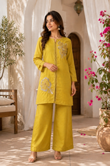 Mustard Yellow Floral Embroidered Malchanderi Co-Ord Set