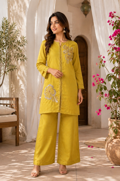 Mustard Yellow Floral Embroidered Malchanderi Co-Ord Set