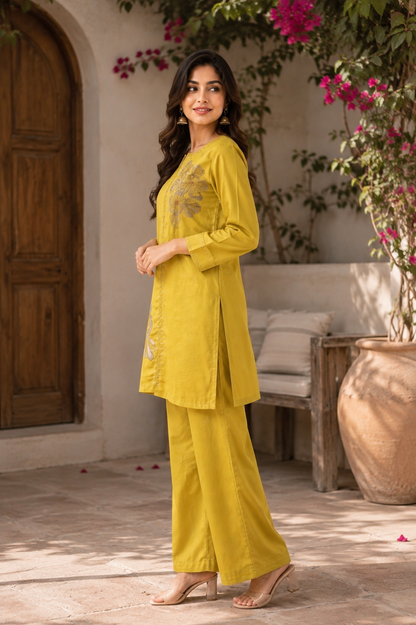 Mustard Yellow Floral Embroidered Malchanderi Co-Ord Set