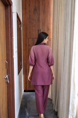 Wine Chinon Pleated Co-Ord Set for Women — Shirt-Style Top & Straight Pants