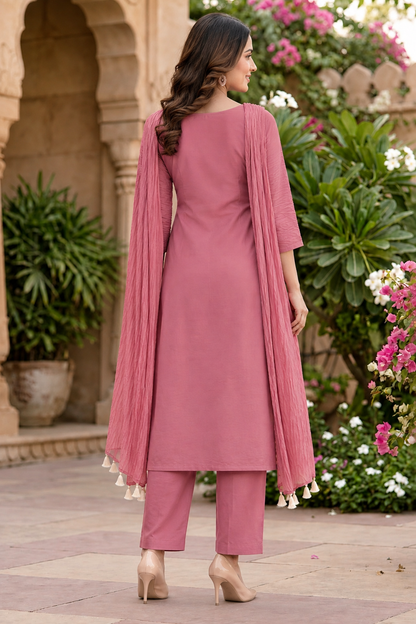 Rose Pink Bird Print Cotton Co-ord Set for Women – Festive Kurta, Pant & Dupatta