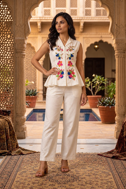 Ivory Blossom Embroidered Peplum Co-Ord Set