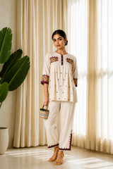 Ivory Aura Embroidered Ethnic Co-Ord Set — Tunic Top with Straight Trousers
