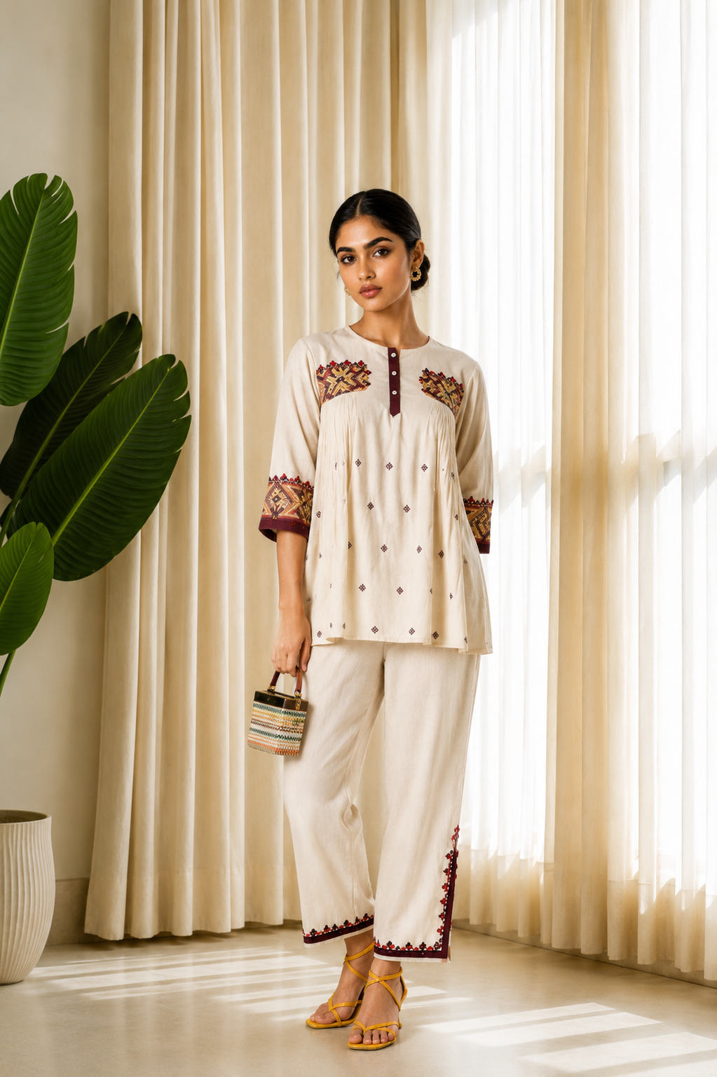 Ivory Aura Embroidered Ethnic Co-Ord Set — Tunic Top with Straight Trousers