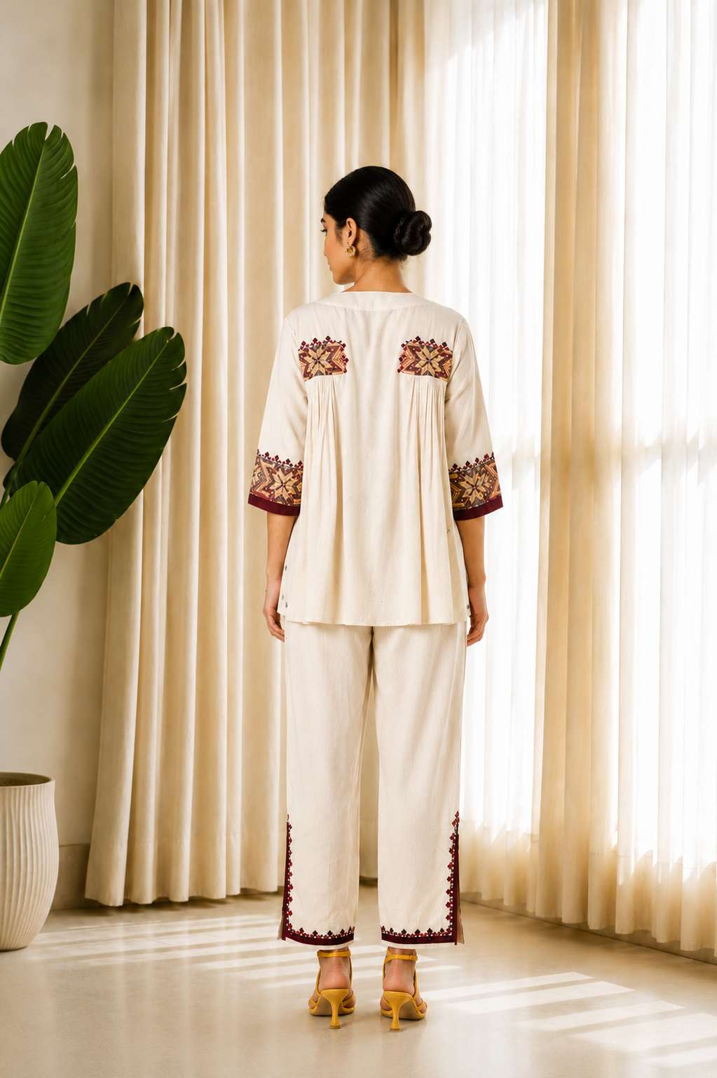 Ivory Aura Embroidered Ethnic Co-Ord Set — Tunic Top with Straight Trousers
