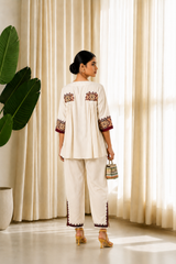 Ivory Aura Embroidered Ethnic Co-Ord Set — Tunic Top with Straight Trousers