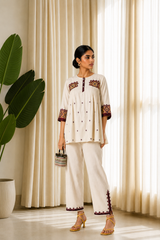 Ivory Aura Embroidered Ethnic Co-Ord Set — Tunic Top with Straight Trousers