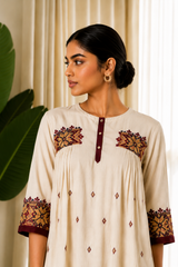 Ivory Aura Embroidered Ethnic Co-Ord Set — Tunic Top with Straight Trousers