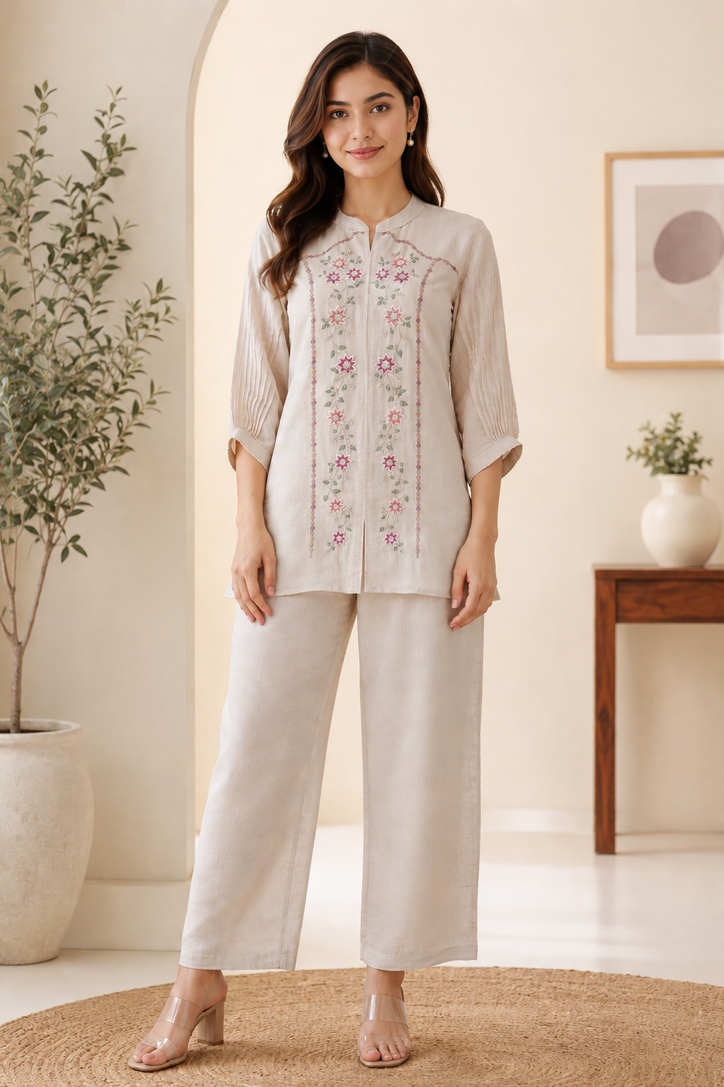 Ivory Embroidered Co-Ord Pant Set for Women — Front-Open Top & Straight Pants