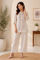 Ivory Embroidered Co-Ord Pant Set for Women — Front-Open Top & Straight Pants