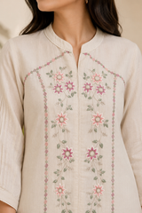 Ivory Embroidered Co-Ord Pant Set for Women — Front-Open Top & Straight Pants