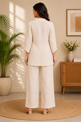 Ivory Embroidered Co-Ord Pant Set for Women — Front-Open Top & Straight Pants