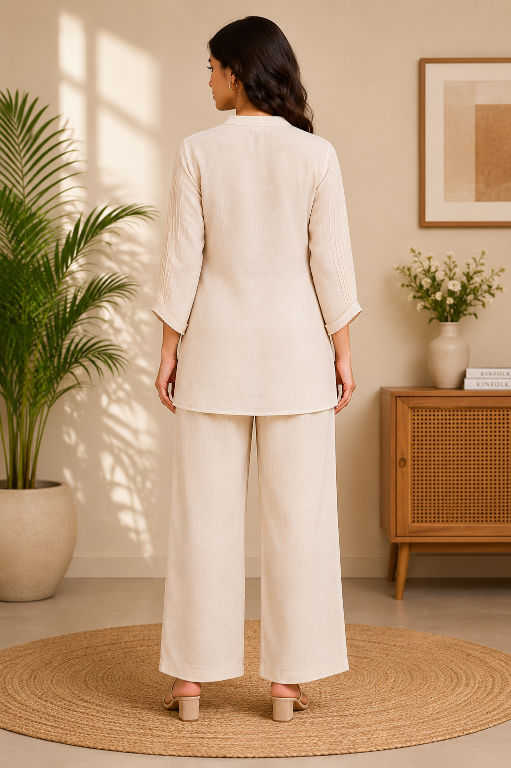 Ivory Embroidered Co-Ord Pant Set for Women — Front-Open Top & Straight Pants
