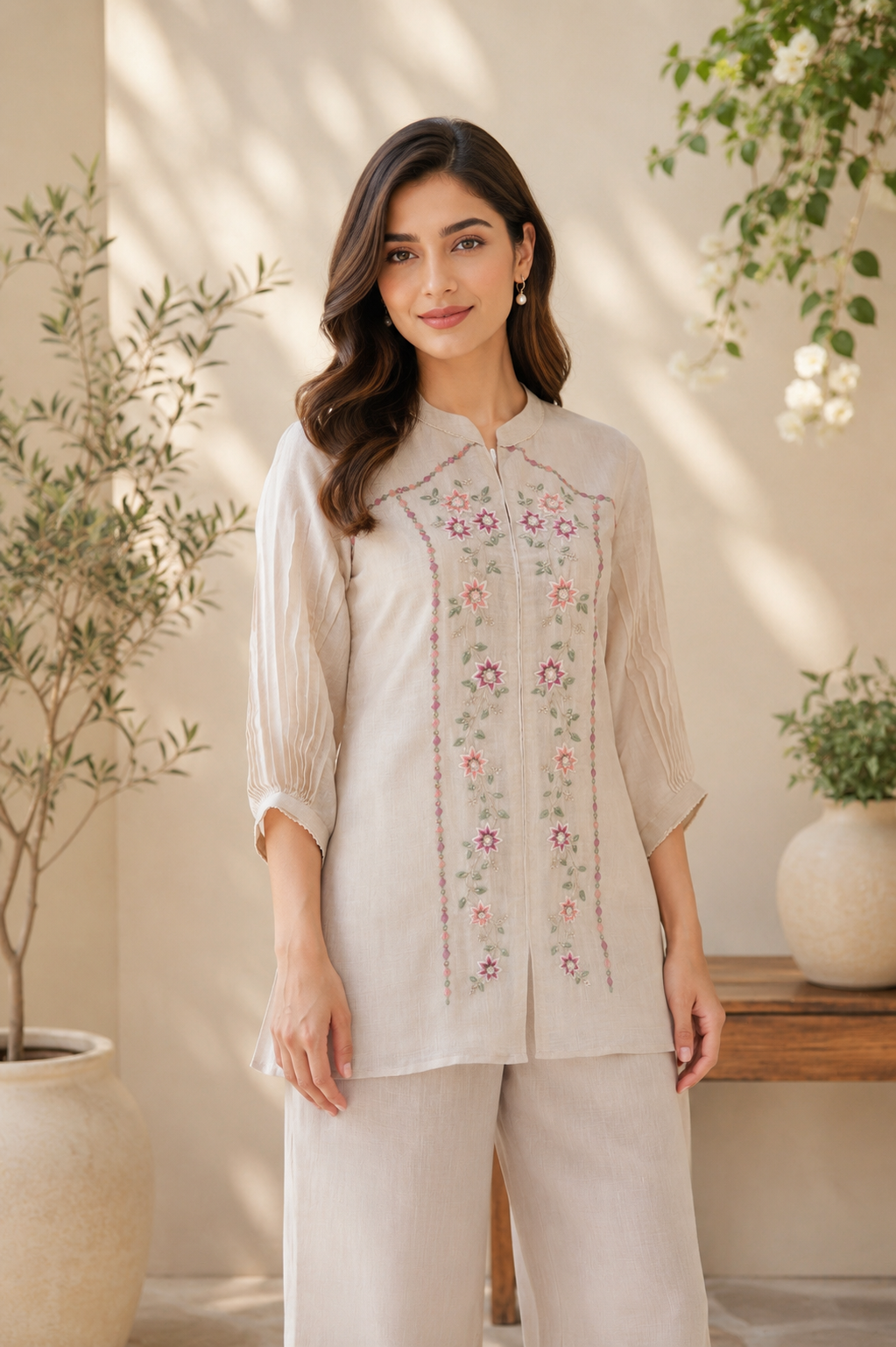 Ivory Embroidered Co-Ord Pant Set for Women — Front-Open Top & Straight Pants