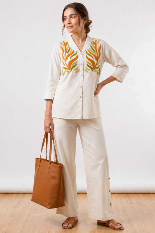 Ivory Botanical Embroidered Co-Ord Set for Women